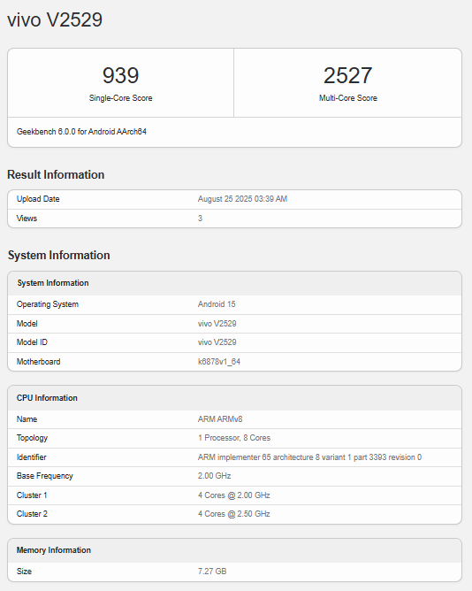 A screenshot of a Geekbench 6.0.0 benchmark result for vivo V60 Lite 5G .The page shows the following information:

Scores: A Single-Core Score of 939 and a Multi-Core Score of 2527.

Result Information: Upload date of "August 25 2025" and 3 views.

System Information: Running on Android 15, with the Model and Model ID both listed as "vivo V2529."

CPU Information: The CPU is an ARM ARMv8 with an 8-core, 1-processor topology. It has a base frequency of 2.00 GHz, with two core clusters—one at 2.00 GHz and another at 2.50 GHz.

Memory Information: The device has 7.27 GB of RAM.

Below the screenshot, the text reads "vivo V60 Lite 5G Geekbench listing via, Gizmochina."