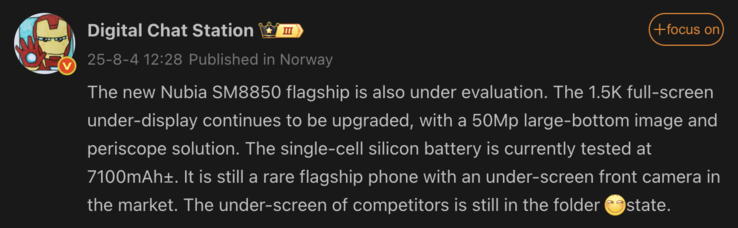 The post contains a leaked report from "Digital Chat Station" about the nubia Z80 flagship phone. The leak mentions the phone is under evaluation with a 1.5K full-screen under-display, a 50MP periscope solution, and a 7100mAh single-cell silicon battery. The post also discusses the "Snapdragon 8 Elite 2" processor.