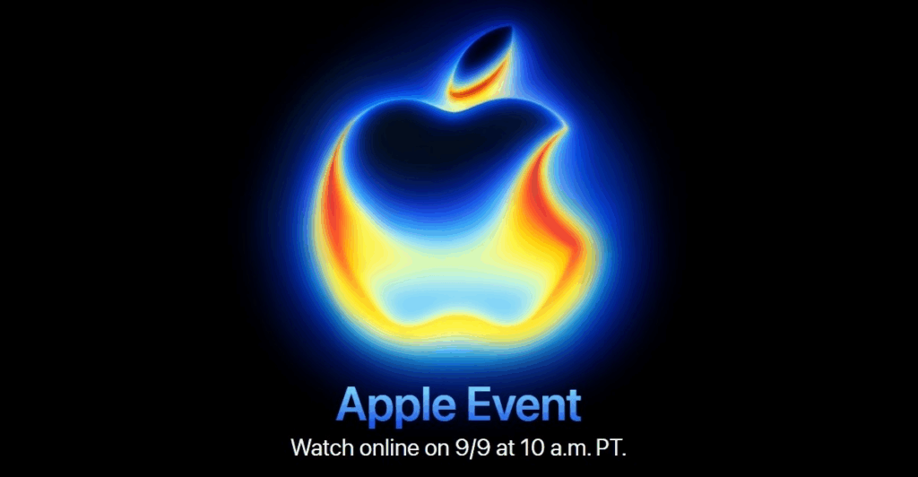 An image shows a glowing, stylized Apple logo against a black background. The logo appears to be made of light, with a bright blue outline transitioning to warm orange and yellow tones towards the center. Below the logo, the text "Apple Event" is displayed, followed by "Watch online on 9/9 at 10 a.m. PT." The bottom of the image has text stating, "The event will be taking place at the Steve Jobs Theater in Apple Park in Cupertino, California via, GSMArena."