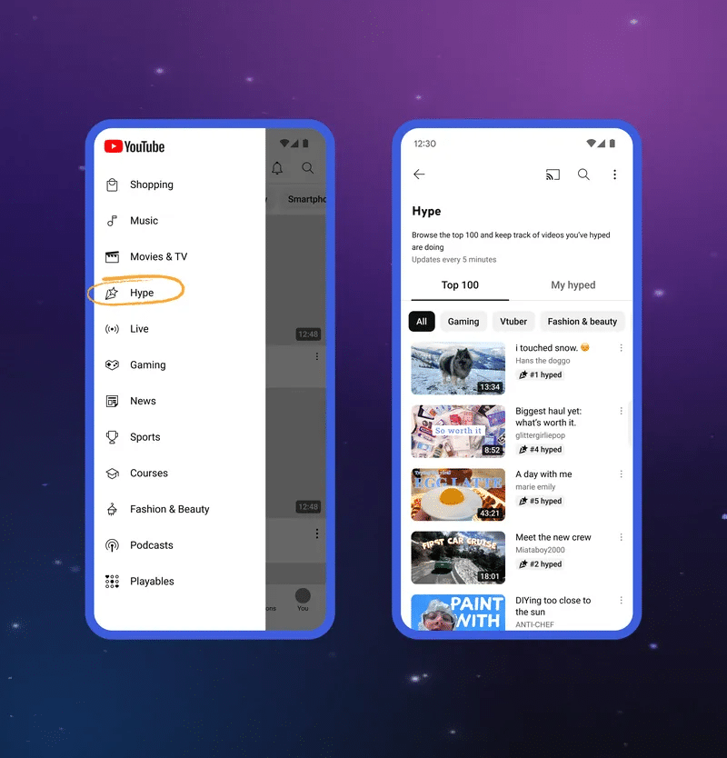 A two-panel graphic illustrates a concept for a new "Hype" feature in the YouTube app. The left panel shows "Hype" in the app's sidebar menu, between "Live" and "Gaming." The right panel displays the "Hype" page, which shows a list of videos categorized by topics like "Gaming," "Vtuber," and "Fashion & beauty," with each video listing a "hyped" count.