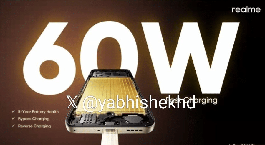 A product graphic for a realme 15T, with a large, white "60W" in the background. The foreground shows a cutaway view of a gold-colored phone, revealing the internal components and a large, gold battery. The phone is shown charging via a cable. Text on the left lists three features: "5-Year Battery Health," "Bypass Charging," and "Reverse Charging." A large "X @yabhishekhd" watermark is across the center of the image. The realme logo is in the top right.
The text below the image provides additional context, stating, "It comes with a massive 7,000mAh battery and supports 60W wired charging, with an 80W adapter included in the box. It also has reverse and bypass charging. Image via, Gizmochina."