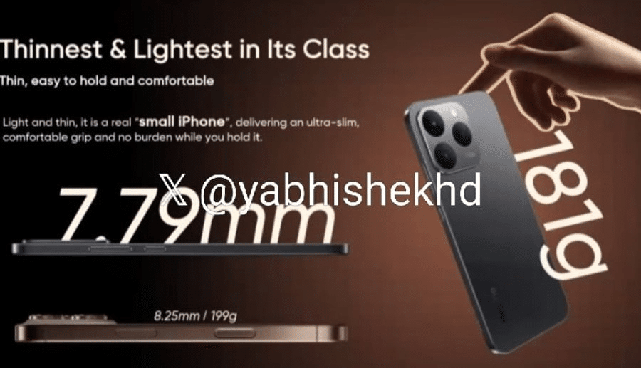 A marketing image for a smartphone, promoting it as the "Thinnest & Lightest in Its Class." The top of the image features the headline "Thinnest & Lightest in Its Class" and the tagline "Thin, easy to hold and comfortable." The text claims the phone is a "real 'small iPhone.'"
The main visual shows a dark-colored smartphone being held from the top by a hand. A large, stylized text "181g" is positioned vertically next to the phone. The bottom left of the image features two phones stacked horizontally, with the top one labeled "7.79mm" and the bottom one labeled "8.25mm / 199g," suggesting a comparison to a competitor's phone. A large, white watermark with a stylized "X" and the text "@yabhishekhd" is visible in the center of the image.