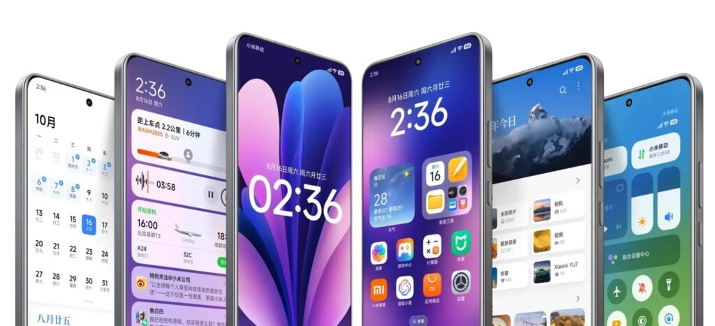 A series of six smartphones are shown from a slightly elevated angle. Each phone displays a different screen from the HyperOS 3 interface. From left to right: a calendar, a widget-heavy home screen with music and a timer, a minimalist clock and wallpaper, a home screen with weather and app icons, a home screen with a mountain wallpaper, and a control center or settings screen. The text "HyperOS 3 via, Gizmochina" is below the phones.