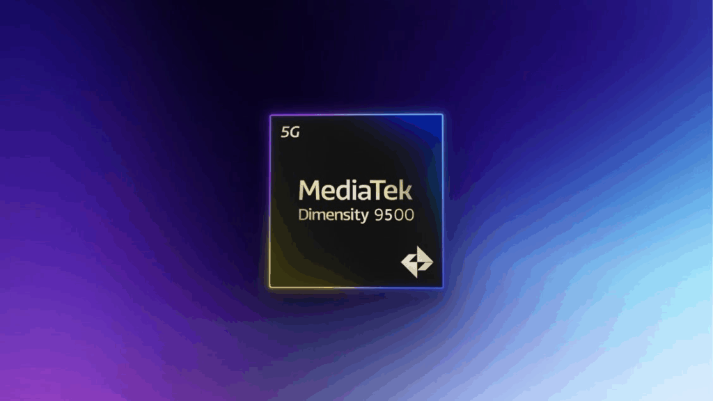 A high-quality, close-up digital rendering of a MediaTek Dimensity 9500 5G chip floating against a gradient background of purple and blue. The chip is a dark gray square with white text and a faint, glowing outline of yellow and blue. A 5G logo is in the upper left corner of the chip. A lightning bolt icon is in the bottom right corner.
