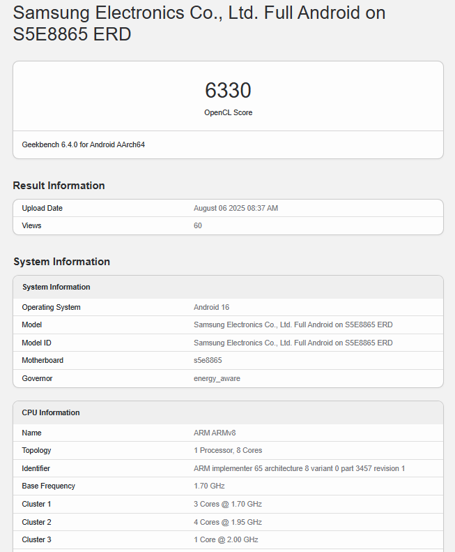 A Geekbench 6.4.0 listing showing the OpenCL score of 6330 for the Samsung Electronics Co., Ltd. Full Android on S5E8865 ERD. The system information section lists the OS as Android 16 and the CPU as an ARM with 8 cores, with a base frequency of 1.70 GHz. The image is captioned "Exynos 1680 (S5E8865) listing via Geekbench."