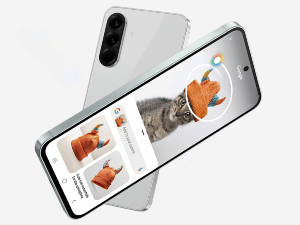A render of a silver Samsung Galaxy A56 with the back visible and another one showing the front screen with a Google search open, displaying a cat wearing a knitted hat. The caption below the image reads "A successor to the Galaxy A56, pictured by Samsung via Notebookcheck."
