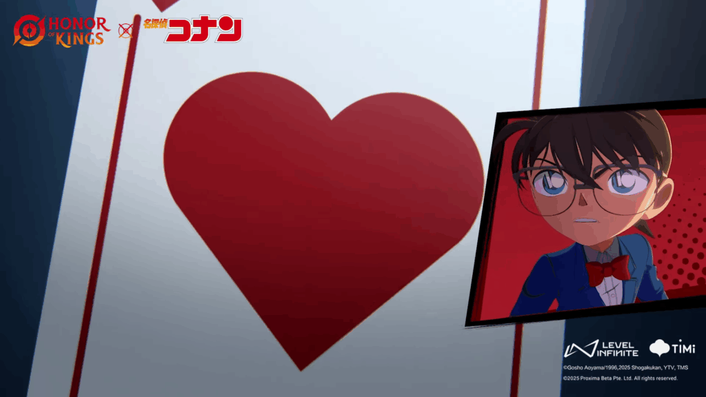 A promotional image for a collaboration between the mobile game "Honor of Kings" and the anime "Detective Conan." The image features a stylized playing card with a large red heart on a white background. To the right, a screen shows a close-up of the character Conan Edogawa looking determined. The "Honor of Kings" and "Detective Conan" logos are visible at the top, and "LEVEL INFINITE" and "TIMI" logos are at the bottom right.