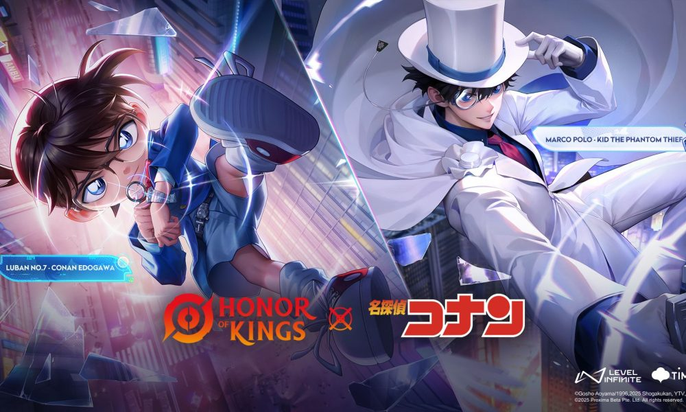 
A promotional poster for the "Honor of Kings" and "Detective Conan" collaboration. The poster is split into two halves. On the left, Conan Edogawa is depicted in an action pose, identified by a small text "LUBAN NO.7 - CONAN EDOGAWA." On the right, Kaito Kid, also in an action pose, is shown in his signature white suit and top hat, with the text "MARCO POLO - KID THE PHANTOM THIEF." The "Honor of Kings" and "Detective Conan" logos are prominently featured in the center, and the "LEVEL INFINITE" and "TIMI" logos are at the bottom right.