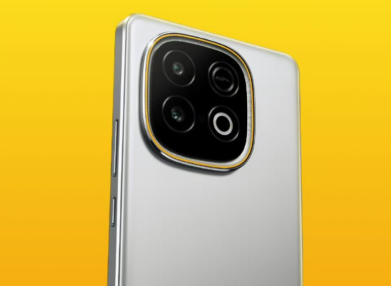 A close-up render of the back of the iQOO Z10 Turbo+ smartphone, highlighting its large, circular camera module with a gold ring accent and a four-camera setup. The image caption reads "iQOO Z10 Turbo+ via Gizmochina."