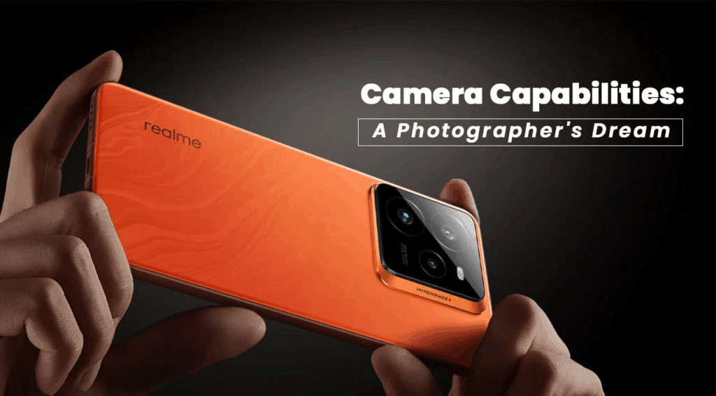 A close-up product shot of a hand holding an orange Realme gt 8 pro. The text "Camera Capabilities: A Photographer's Dream" is overlaid on the image, highlighting the device's camera module and textured back.
