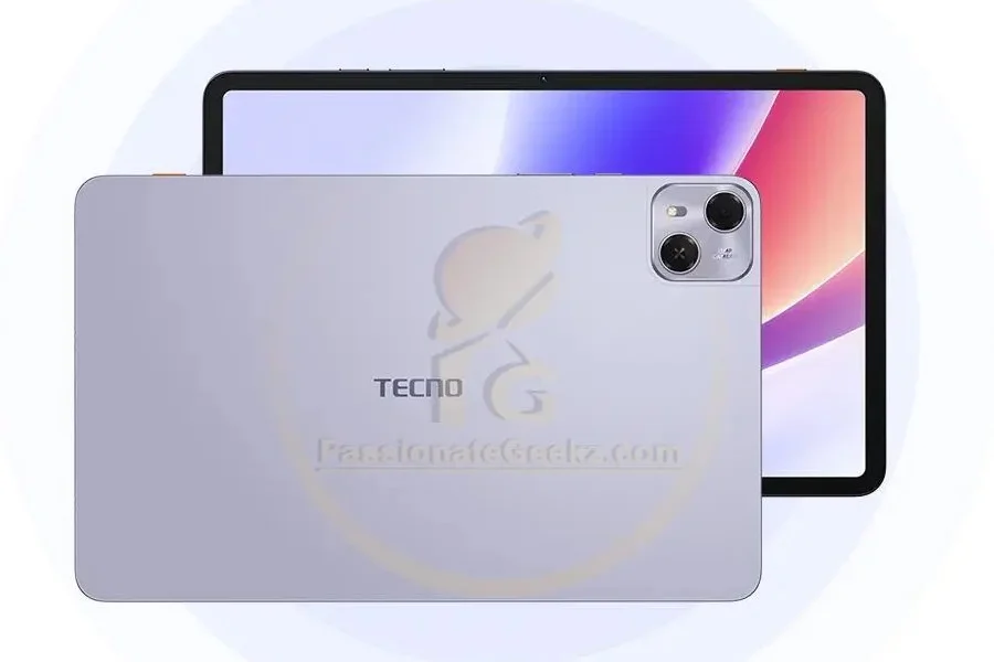 A product render of the TECNO MegaPadPro, showing a light gray back with a dual-camera setup and a large TECNO logo. The front screen is also partially visible in the background, displaying a colorful wallpaper. A watermark for "PassionateGeekz.com" is visible on the image.