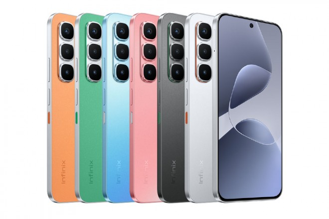 A row of six Infinix HOT 60 Pro smartphones in different colors: orange, green, light blue, pink, dark gray, and white. The phones are shown from the back, slightly angled to the right, with their triple camera setups visible. The white phone on the far right is also shown from the front, displaying a full-screen display with a punch-hole camera.