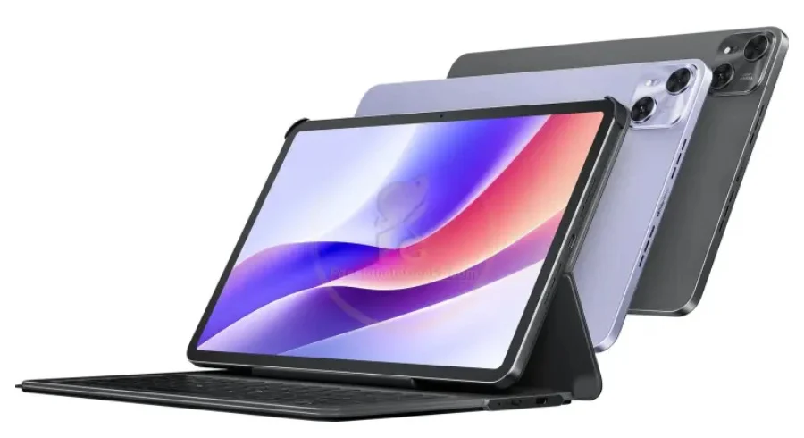 A product render showing three TECNO tablets. The front tablet has an attached keyboard and is propped up. The two tablets behind it are shown in different colors (purple and gray) to highlight their backs.