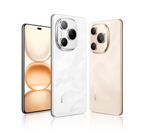A product render showing three Honor smartphones. A black phone with a golden back is shown on the left, a white marble-effect phone is in the center, and a beige phone is on the right, highlighting their camera modules and unique finishes.