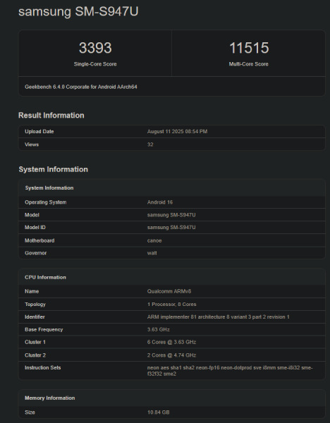 A Geekbench 6.4.0 listing for the Samsung Galaxy S26 Edge, showing a single-core score of 3393 and a multi-core score of 11515. The result information lists the OS as Android 16 and the CPU as a "Qualcomm ARMv8" with 8 cores.