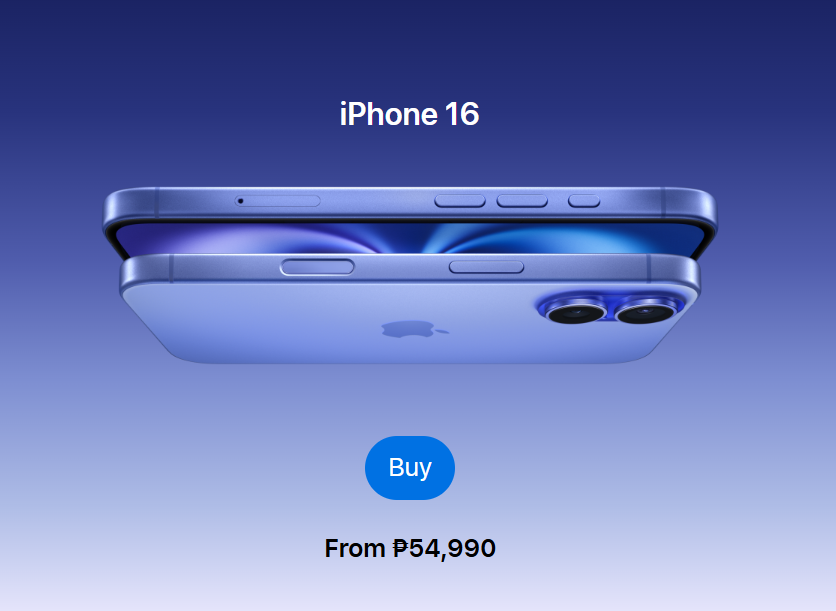 A promotional image for the iPhone 16. Two purple phones are stacked, with the top one showing its side profile and the bottom one revealing its dual camera and Apple logo on the back. A "Buy" button and the starting price of ₱54,990 are visible.