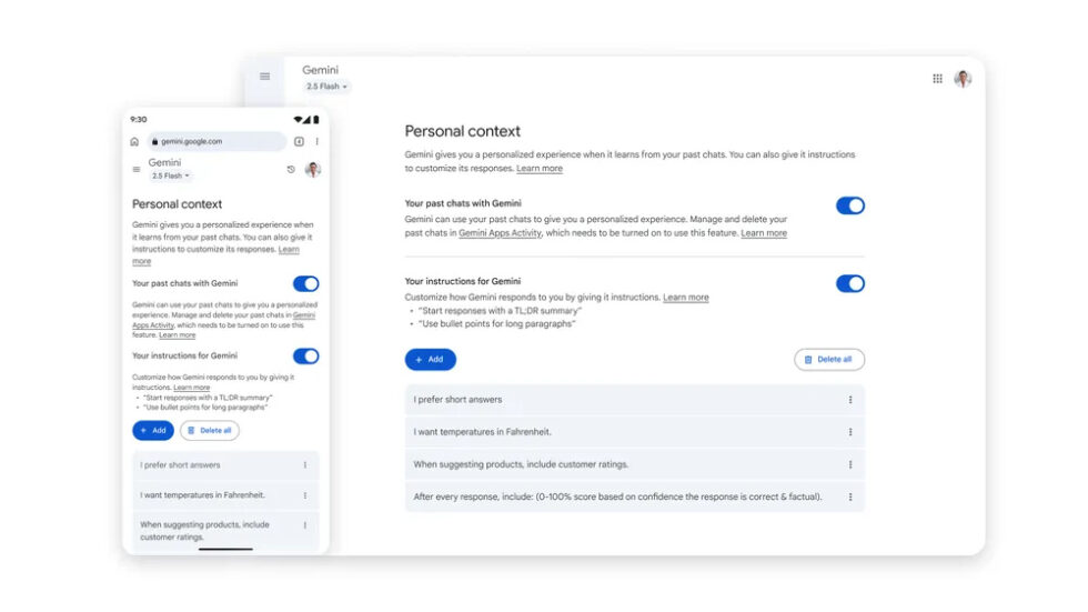 A screenshot of the Gemini AI assistant's "Personal context" settings page, shown on both a desktop and a mobile phone. The page displays various user-customizable instructions for the AI, such as "I prefer short answers" and "I want temperatures in Fahrenheit."