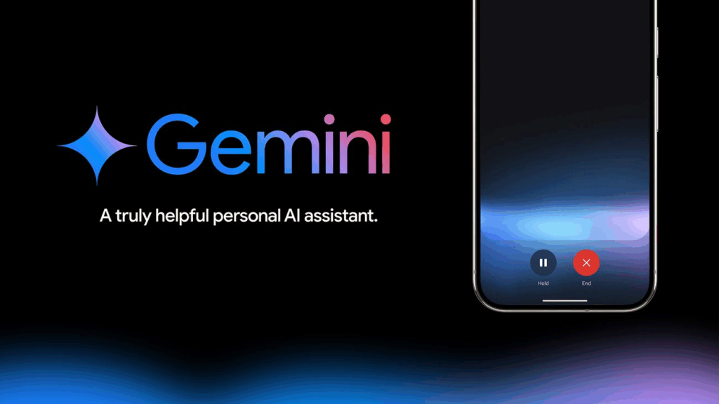 A graphic promoting Gemini, a personal AI assistant. The left side features the Gemini logo with the text "A truly helpful personal AI assistant." The right side shows a smartphone screen with an AI assistant interface, including options to hold or end the interaction.