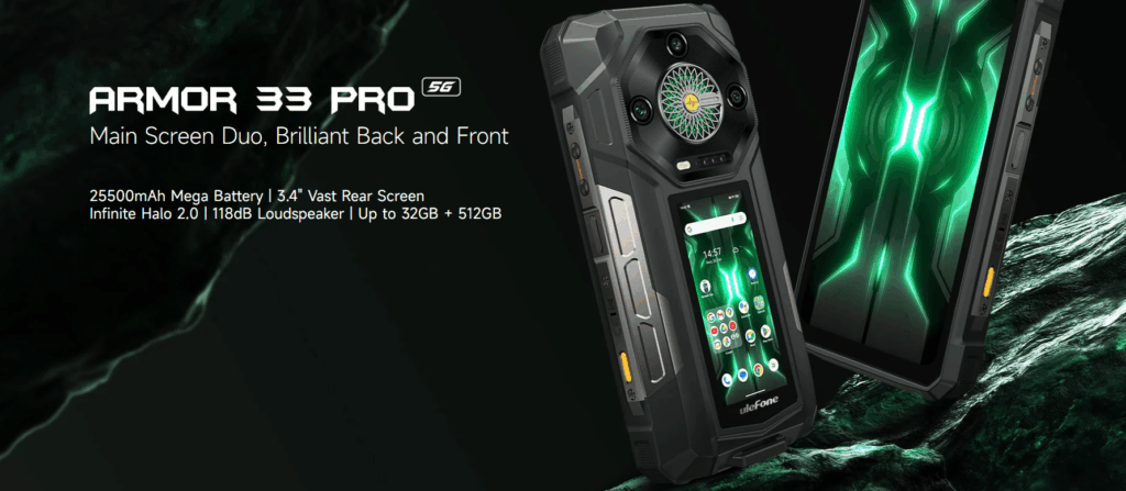 A promotional banner for the ARMOR 33 PRO 5G rugged smartphone. The image shows two phones against a dark background, highlighting a large camera module and a secondary rear screen with a glowing green design. The banner lists key features including a "25500mAh Mega Battery" and a "3.4" Vast Rear Screen."