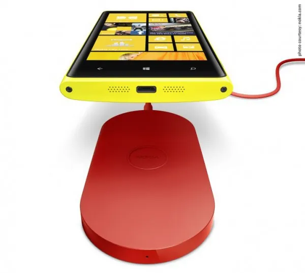 A yellow Nokia Lumia 920 smartphone is pictured above a red Nokia DT-900 wireless charging plate, connected by a red power cord.