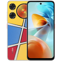 A Nubia Music Pro smartphone. The phone is shown from the front and back. The front displays a vibrant, colorful wallpaper. The back of the phone has a striking, pop-art inspired design with blocks of red, yellow, and blue, outlined in white. There are three circular elements on the back: two smaller black circles and one larger orange circle with a textured, speaker-like pattern. The "nubia" logo is vertically printed in white on the lower left side of the back.