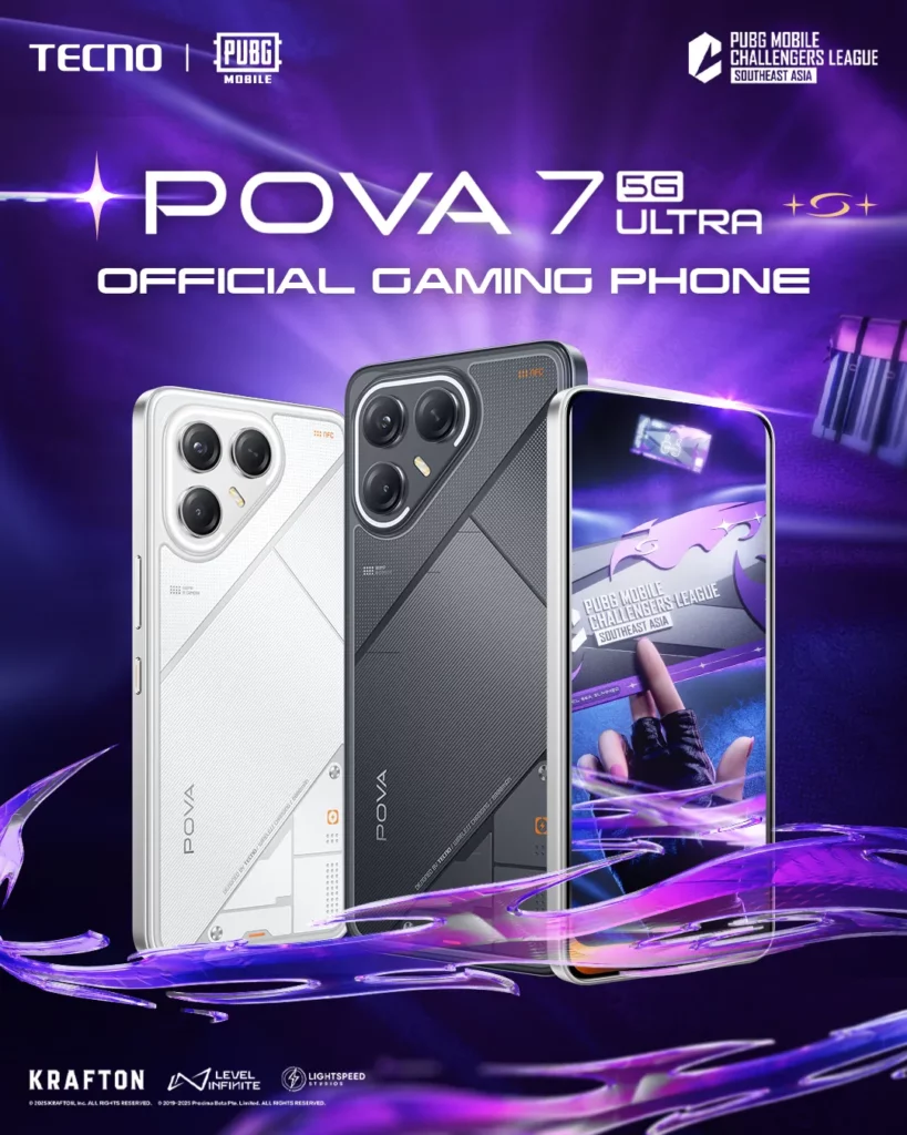 A promotional image for the TECNO POVA 7 Ultra 5G, declaring it the 'OFFICIAL GAMING PHONE' for PUBG Mobile Challenger League Southeast Asia. The image shows three phones: two are white and black versions of the device, and the third shows the phone's screen with a PUBG Mobile Challenger League graphic. The background is a vibrant purple with glowing streaks.