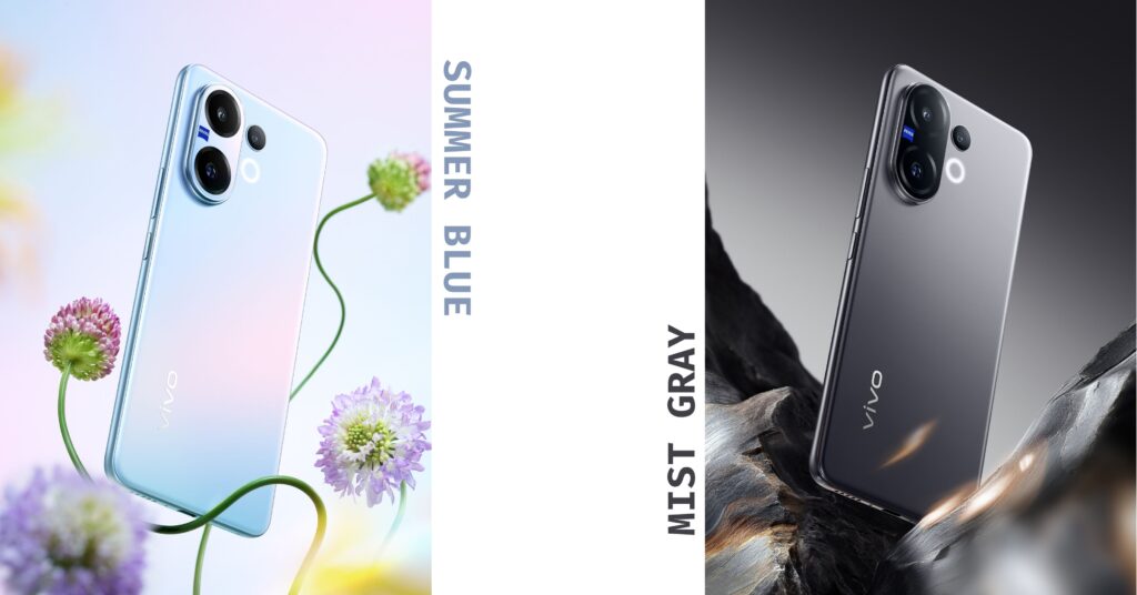 A split promotional image for the vivo V60 smartphone, showcasing two color options. The left side shows a light blue phone floating near flowers and is labeled "SUMMER BLUE." The right side shows a dark gray phone on a textured surface and is labeled "MIST GRAY."
