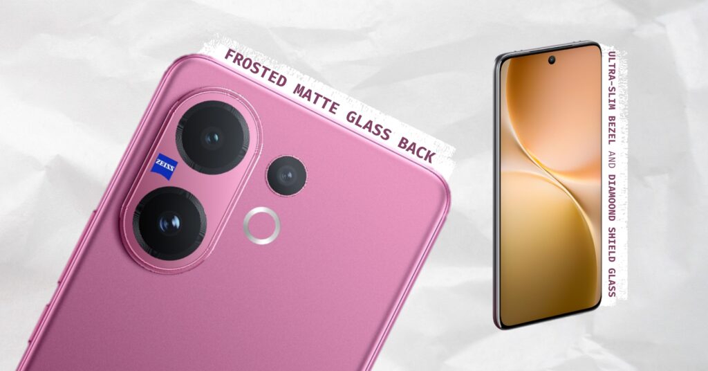 A promotional image for a pink vivo smartphone. A close-up of the phone's back highlights its large camera module with "ZEISS" branding and its "FROSTED MATTE GLASS BACK." To the right, a front view of the phone's screen is shown, with text highlighting "ULTRA-SLIM BEZEL" and "DIAMOND SHIELD GLASS."