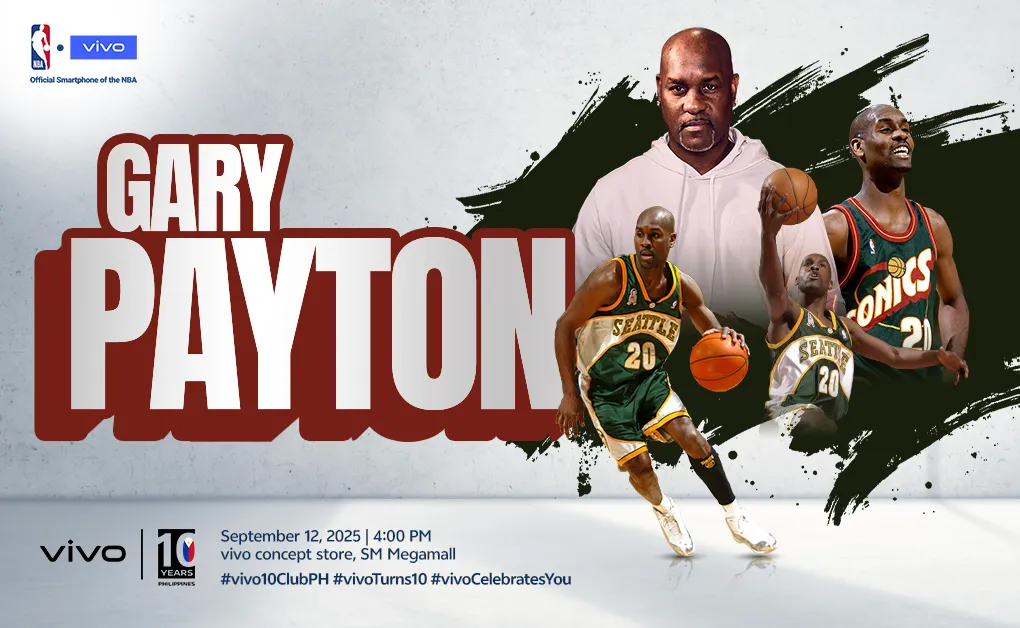 A promotional banner for a vivo Philippines event featuring NBA legend Gary Payton. The banner includes the text "Gary Payton" in large letters, along with images of him in a white hoodie and in his Seattle SuperSonics uniform. The event date, time, and location are listed at the bottom.
