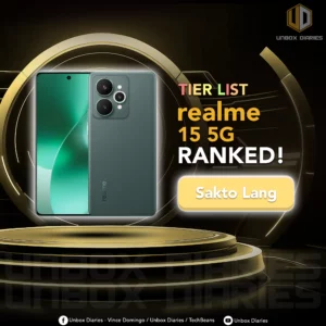 A tier list graphic from Unbox Diaries featuring the realme 15 5G smartphone, shown in a green color variant with a dual-camera setup. The phone is ranked as 'Sakto Lang' (Just Right) in bold text, suggesting an average or balanced rating. The background is futuristic with gold and black tones, and the Unbox Diaries logo is visible at the top-right corner.