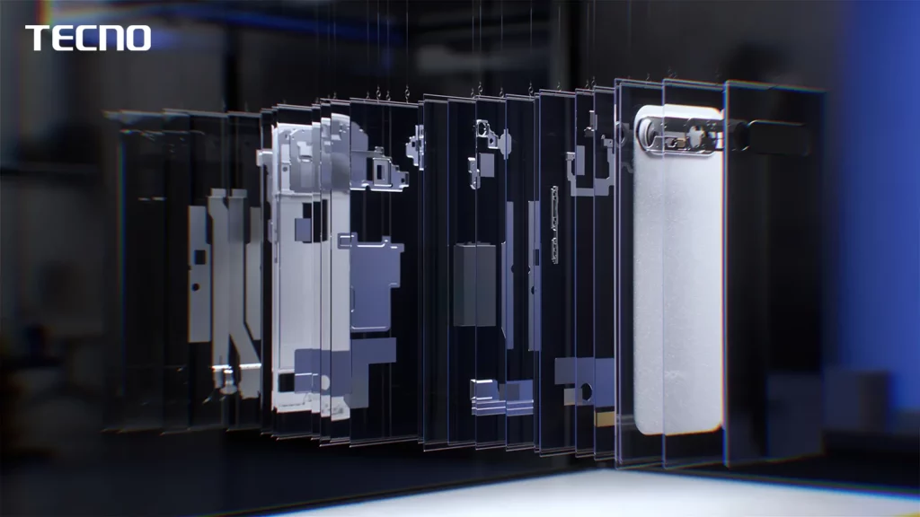 An exploded view of a TECNO smartphone, showing the intricate internal components and layers that make up the device's design.