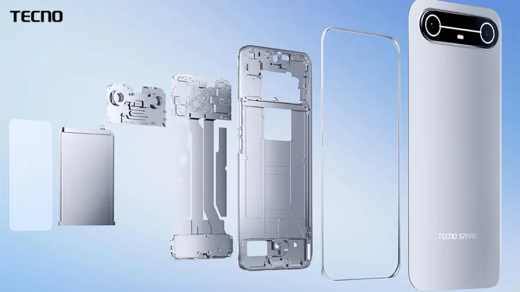 An exploded-view diagram of the TECNO Spark Slim smartphone, showing its internal components disassembled in a clean, professional layout. The individual parts like the frame, battery, and motherboard are separated from the final assembled device on the right.