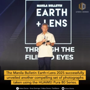 Manila Bulletin President Emil Yap III stands on a stage, speaking into a microphone with his phone in hand, in front of a backdrop for the Manila Bulletin Earth+Lens event. The bottom of the image features a yellow banner with the headline: "The Manila Bulletin Earth+Lens 2025 successfully unveiled another compelling set of photographs taken using the HUAWEI Pura 80 Series."