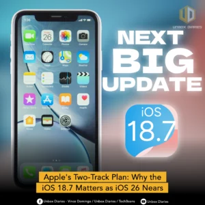 An image promoting a tech news story. On the left, a smartphone with a home screen displaying various app icons is shown. On the right, large white text reads, "NEXT BIG UPDATE." Below that text is a blue app icon-like shape with the white text "iOS 18.7" inside it. A yellow banner at the bottom of the image reads, "Apple's Two-Track Plan: Why the iOS 18.7 Matters as iOS 26 Nears." The Unbox Diaries logo is in the top right corner.