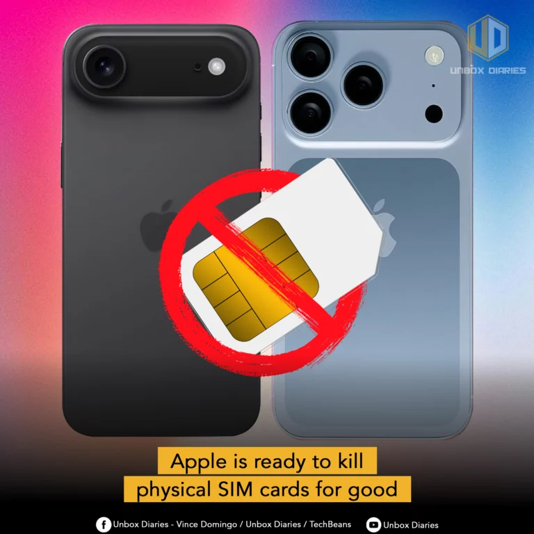An image illustrating Apple's move away from physical SIM cards. Two iPhones are shown side-by-side: a black model on the left and a light blue model on the right. Overlapping the center of the two phones is a large, red circle with a slash through it, signifying "no," which is placed over an image of a physical SIM card. A yellow banner at the bottom of the image reads, "Apple is ready to kill physical SIM cards for good." The Unbox Diaries logo is in the top right corner.