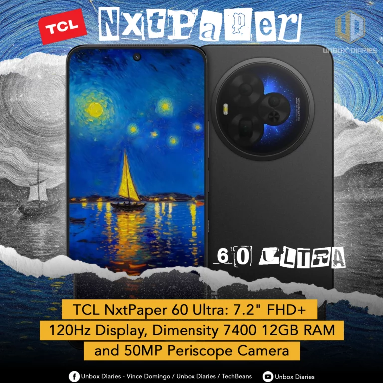 An image promoting the TCL NxtPaper 60 Ultra smartphone. The background is a digital illustration of a stormy sea in a style similar to Van Gogh's "The Starry Night," with the TCL and Unbox Diaries logos at the top. The foreground shows the phone, split vertically to display both the front and back. The screen on the left shows a painting of a boat under a starry sky. The back of the phone on the right is black with a large, circular camera module. A yellow banner at the bottom lists the phone's key specifications: "TCL NxtPaper 60 Ultra: 7.2" FHD+ 120Hz Display, Dimensity 7400 12GB RAM and 50MP Periscope Camera."