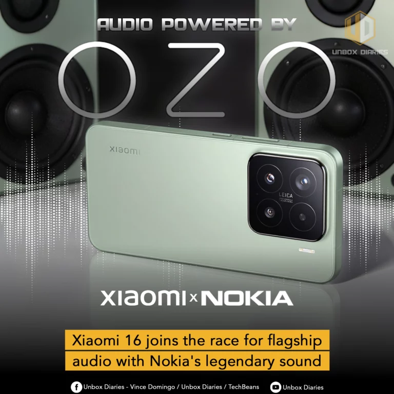 An advertisement for a collaboration between Xiaomi and Nokia. The image shows the back of a light green Xiaomi 16 smartphone with a large, black square camera module that features the LEICA logo. The phone is placed in front of two large audio speakers and a subwoofer, with the text "AUDIO POWERED BY OZO" above them. A large, stylized logo below the phone reads "XIAOMI x NOKIA." A yellow banner at the bottom of the image reads, "Xiaomi 16 joins the race for flagship audio with Nokia's legendary sound." The Unbox Diaries logo is in the top right corner.