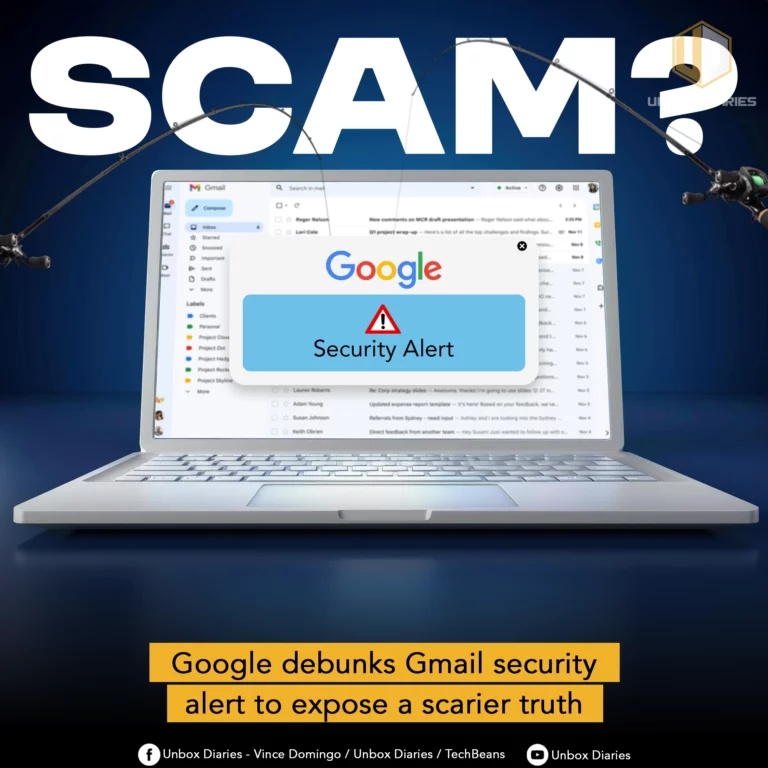 An image illustrating a cybersecurity topic. The central focus is a laptop screen displaying a Gmail inbox with a large pop-up window in the foreground that reads "Security Alert" with a warning icon. Above the laptop, huge, white 3D letters spell out "SCAM?" with two fishing rods casting lines towards the screen, symbolizing a phishing scam. A yellow banner at the bottom of the image reads, "Google debunks Gmail security alert to expose a scarier truth." The Unbox Diaries logo is in the top right corner.