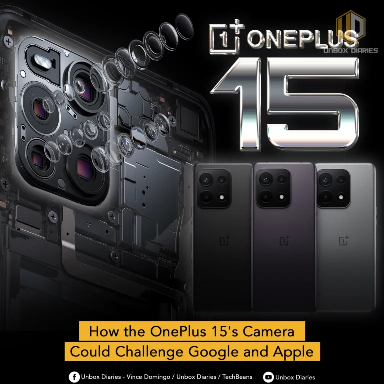 An image promoting a discussion about the OnePlus 15 smartphone. The left side of the image shows a cutaway view of the inside of a smartphone, highlighting the complex internal camera system with multiple lenses and sensors. The right side features three OnePlus 15 phones in black, purple, and gray. Above the phones, large, metallic 3D text reads "ONEPLUS 15." A yellow banner at the bottom poses the question, "How the OnePlus 15's Camera Could Challenge Google and Apple." The Unbox Diaries logo is in the top right corner.