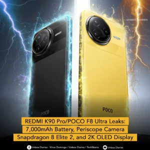 An advertisement for upcoming smartphones, the REDMI K90 Pro and POCO F8 Ultra. The image shows two phones, one black and one yellow, standing side by side in a dramatic setting with blue and yellow lightning bolts. Both phones have a large, circular camera module on the back and the POCO logo at the bottom. A yellow banner at the bottom of the image lists leaked specifications: "7,000mAh Battery, Periscope Camera, Snapdragon 8 Elite 2, and 2K OLED Display." The Unbox Diaries logo is in the top right corner.