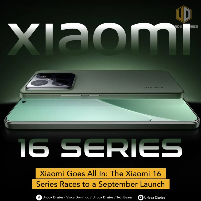 An image promoting the Xiaomi 16 Series. The image shows a light green Xiaomi smartphone, with its back facing up, hovering just above its own screen, which is reflecting the phone's back. The phone has a large, black square camera module. The background is a dark green color with the word "Xiaomi" in large, white, 3D letters at the top and "16 SERIES" in similar style at the bottom. A yellow banner at the very bottom reads, "Xiaomi Goes All In: The Xiaomi 16 Series Races to a September Launch." The Unbox Diaries logo is in the top right corner.