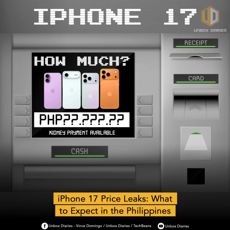 An illustration depicting the rumored high price of the iPhone 17 in the Philippines. The image is styled like an ATM interface. The screen shows four iPhone 17 models in pink, white, light blue, and orange, with the text "HOW MUCH?" and a price placeholder "PHP???.???.??" below them. Underneath the price, it humorously says "KIDNEY PAYMENT AVAILABLE." A large, blocky text at the top of the image reads "IPHONE 17." A yellow banner at the bottom reads, "iPhone 17 Price Leaks: What to Expect in the Philippines." The Unbox Diaries logo is in the top right corner.