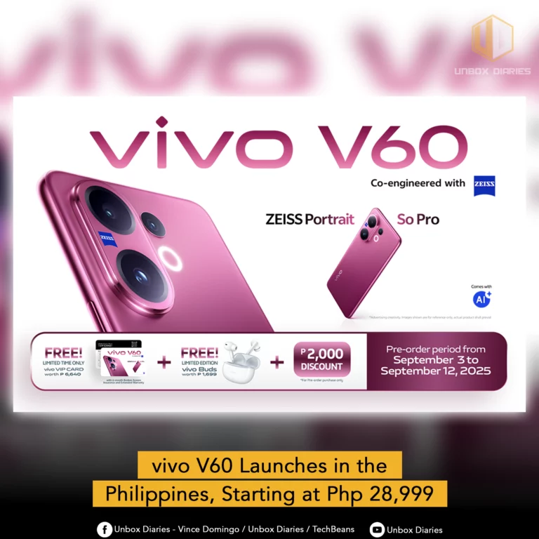 vivo V60 launch banner for the Philippines, highlighting the phone's design, ZEISS partnership, and pre-order details including a P2,000 discount, a free vivo VIP card, and free vivo Buds.