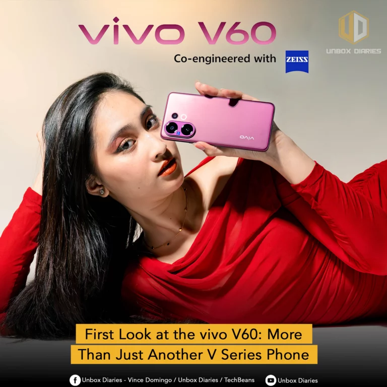 A woman in a red dress holding the pink vivo V60 phone, highlighting its sleek design and the collaboration with ZEISS.