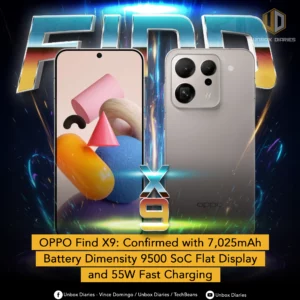 An advertisement for the OPPO Find X9 smartphone. The image shows the front and back of the phone, with a large, stylized 'X9' logo in the center. The front display shows an abstract wallpaper with colorful 3D shapes. The back of the phone is a light, metallic gray color with a square camera module featuring multiple lenses and the OPPO logo. In the background, large, metallic 3D letters spell out "FIND." A yellow banner at the bottom lists the phone's confirmed features: "7,025mAh Battery, Dimensity 9500 SoC, Flat Display, and 55W Fast Charging." The Unbox Diaries logo is in the top right corner.