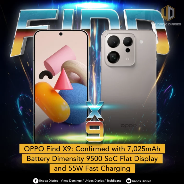 An advertisement for the OPPO Find X9 smartphone. The image shows the front and back of the phone, with a large, stylized 'X9' logo in the center. The front display shows an abstract wallpaper with colorful 3D shapes. The back of the phone is a light, metallic gray color with a square camera module featuring multiple lenses and the OPPO logo. In the background, large, metallic 3D letters spell out "FIND." A yellow banner at the bottom lists the phone's confirmed features: "7,025mAh Battery, Dimensity 9500 SoC, Flat Display, and 55W Fast Charging." The Unbox Diaries logo is in the top right corner.