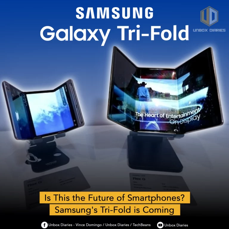 An image promoting a discussion about the Samsung Galaxy Tri-Fold smartphone. The image shows two foldable prototype devices on display stands. The device on the left is folded in a "Z" shape, while the larger one on the right is also folded, displaying a video on its screen with the text "The Heart of Entertainment, On Display." Large, white text at the top reads, "SAMSUNG Galaxy Tri-Fold." A yellow banner at the bottom poses the questions, "Is This the Future of Smartphones? Samsung's Tri-Fold is Coming." The Unbox Diaries logo is in the top right corner.