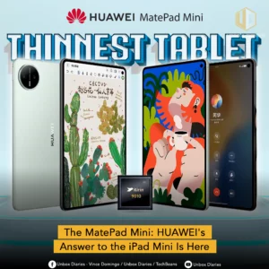 An image advertising the HUAWEI MatePad Mini. The image shows a Huawei tablet in the center, with its screen displaying a drawing of cacti. The back of the tablet is shown on the far left, while two other screens—one with a cartoon illustration and one with a phone call interface—are displayed on the right. In the bottom middle, a small black square represents the Kirin 9010 processor. Large, 3D text at the top reads "THINNEST TABLET." A yellow banner at the bottom of the image reads, "The MatePad Mini: HUAWEI's Answer to the iPad Mini Is Here." The HUAWEI and Unbox Diaries logos are at the top.