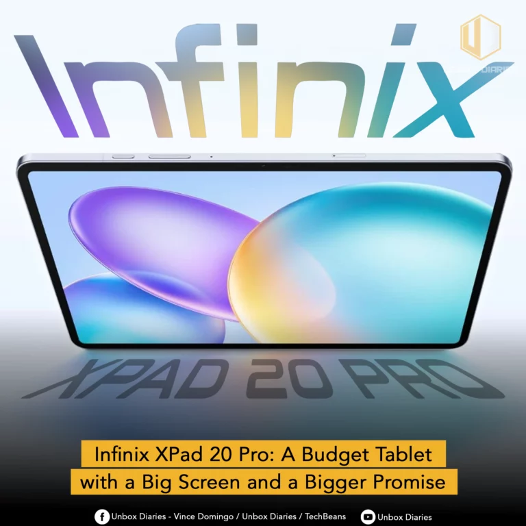 Infinix XPad 20 Pro. An image advertising the Infinix XPad 20 Pro. The image features a large tablet with its screen showing a soft, colorful wallpaper with glowing, abstract shapes in purple, yellow, and blue. The tablet is positioned horizontally, with its shadow below it. Large, translucent text at the top reads "Infinix," with a colorful gradient fill. A shadow on the ground below the tablet reads "XPAD 20 PRO." A yellow banner at the bottom of the image reads, "Infinix XPad 20 Pro: A Budget Tablet with a Big Screen and a Bigger Promise." The Unbox Diaries logo is in the top right corner.