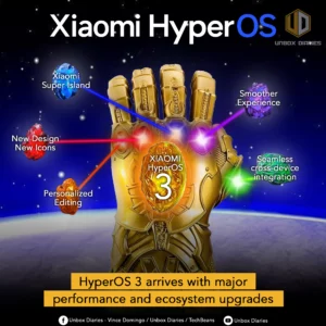HyperOS 3. An image featuring a golden gauntlet, similar to the Infinity Gauntlet from Marvel, set against a dark, starry background. The gauntlet's palm has a circular emblem that says "Xiaomi HyperOS 3." Each of the five fingers has a colored gem, with a text label next to each one: "Xiaomi Super Island," "Smoother Experience," "Seamless cross-device integration," "Personalized Editing," and "New Design, New Icons." Beams of light connect the gems to the central emblem. Large, white text at the top reads "Xiaomi HyperOS." A yellow banner at the bottom of the image reads, "HyperOS 3 arrives with major performance and ecosystem upgrades." The Unbox Diaries logo is in the top right corner.